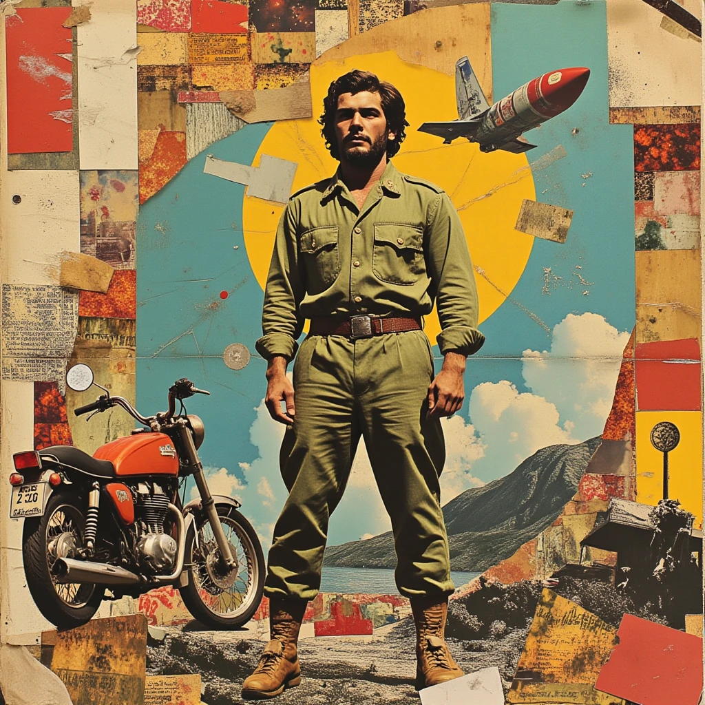 Collage art. Patchwork. Artwork. Abolitionist legislation. Martin Luther King speeches. Demonstrations. Stars and Stripes. Hippies.