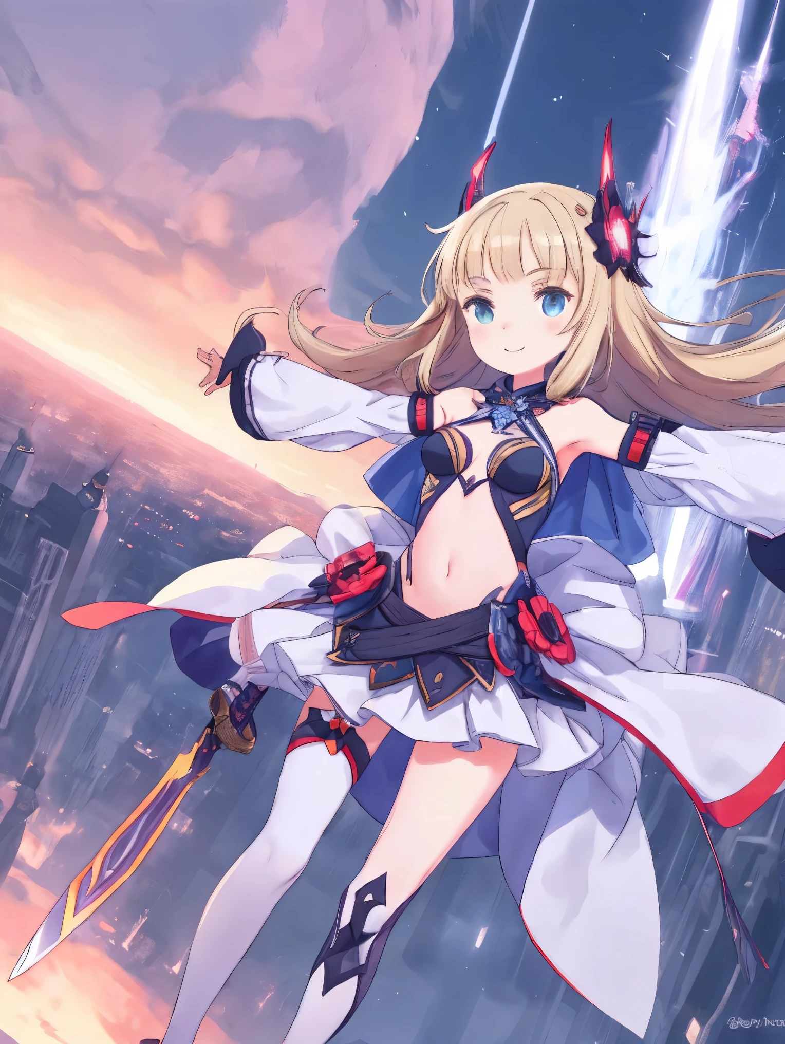 fantasy, 1devil_girl, low_teen, platina_blond_hair,long_bangs,, bare_shoulder, navel out, thighhighs,silver_armor, white_clothes,waist_armor, Glebe, hold_swords, medium_breasts, dynamic_flying_pose,Floating, (1pair_wings:1.2),(pelvic_curtain:1.3), silver_Headgear ,looking_down_at_sunrise_city_sky_background,,slightly_spread_legs, some_swords,some_swords_floating_around_the_girl,solo,horn ,smile,,open_legs,open_arms,rise_knee,rise_leg,rise_thigh,rise_leg,forward_leaning_posture,apart_legs,