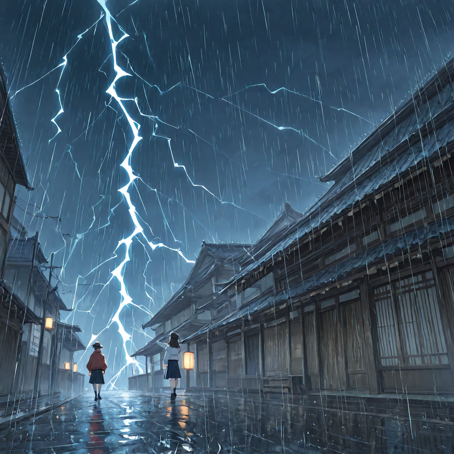 一座两层villa坐落在树林之中，一条木桥通向villa，Rainy Day，lightning，night，（villa：1.2）