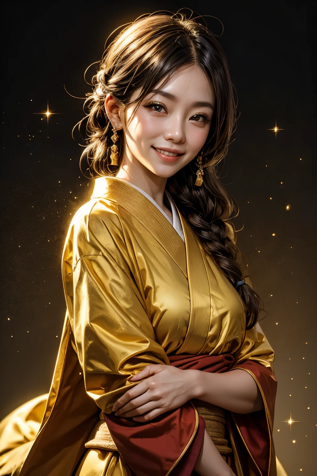 Japanese, female, gold, monk, sparkling background, smiling, adult, 30-40s