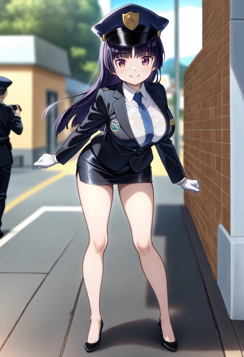 (((pixel perfect, detail perfect))), alone, 1 girl, Chisato Nishikigi, looking at the viewer, smile, Upper body、black police peaked cap, Police, cleavage, Midriffs, white shirt, front-tie top, purple eyes, long hair, Black High-waist shorts, (blue belt:1.2), black fingerless gloves, black boots(,emerald tie),medium beasts,gravure pose,(full body,)