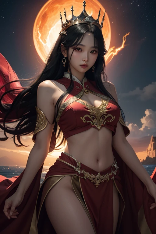highest quality, masterpiece, Attention to detail, realistic, 1 girl, under the moonlight、beautiful princess, big breasts, big hips, long legs, sexy, whole body, Blissful smile