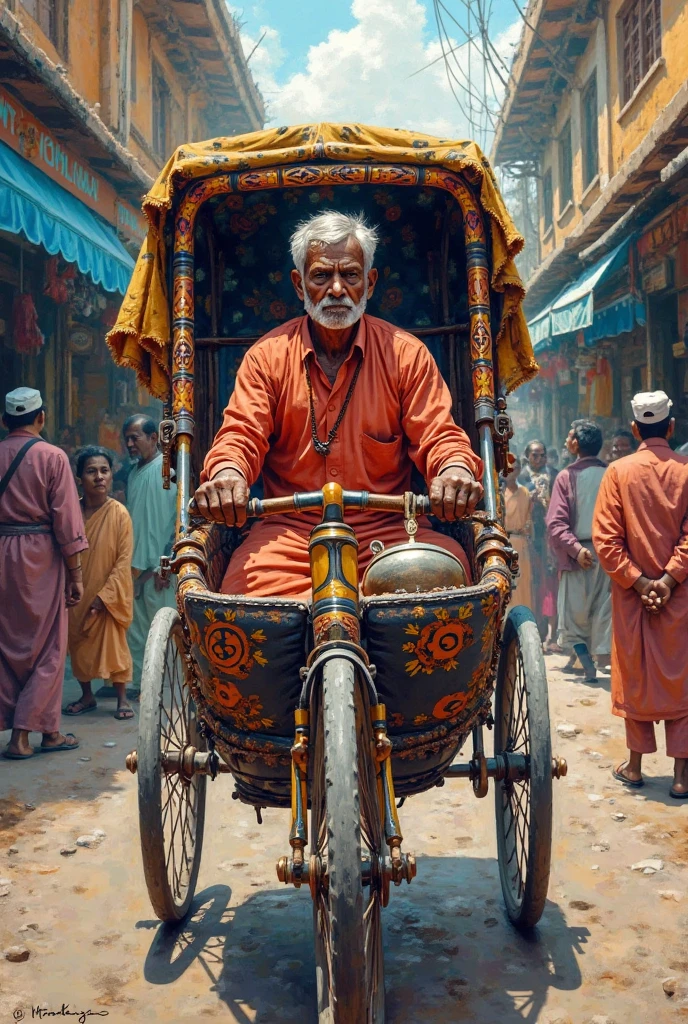 A rikshaw painting which bengali traditional transpot service led by a rickshaw puller. 