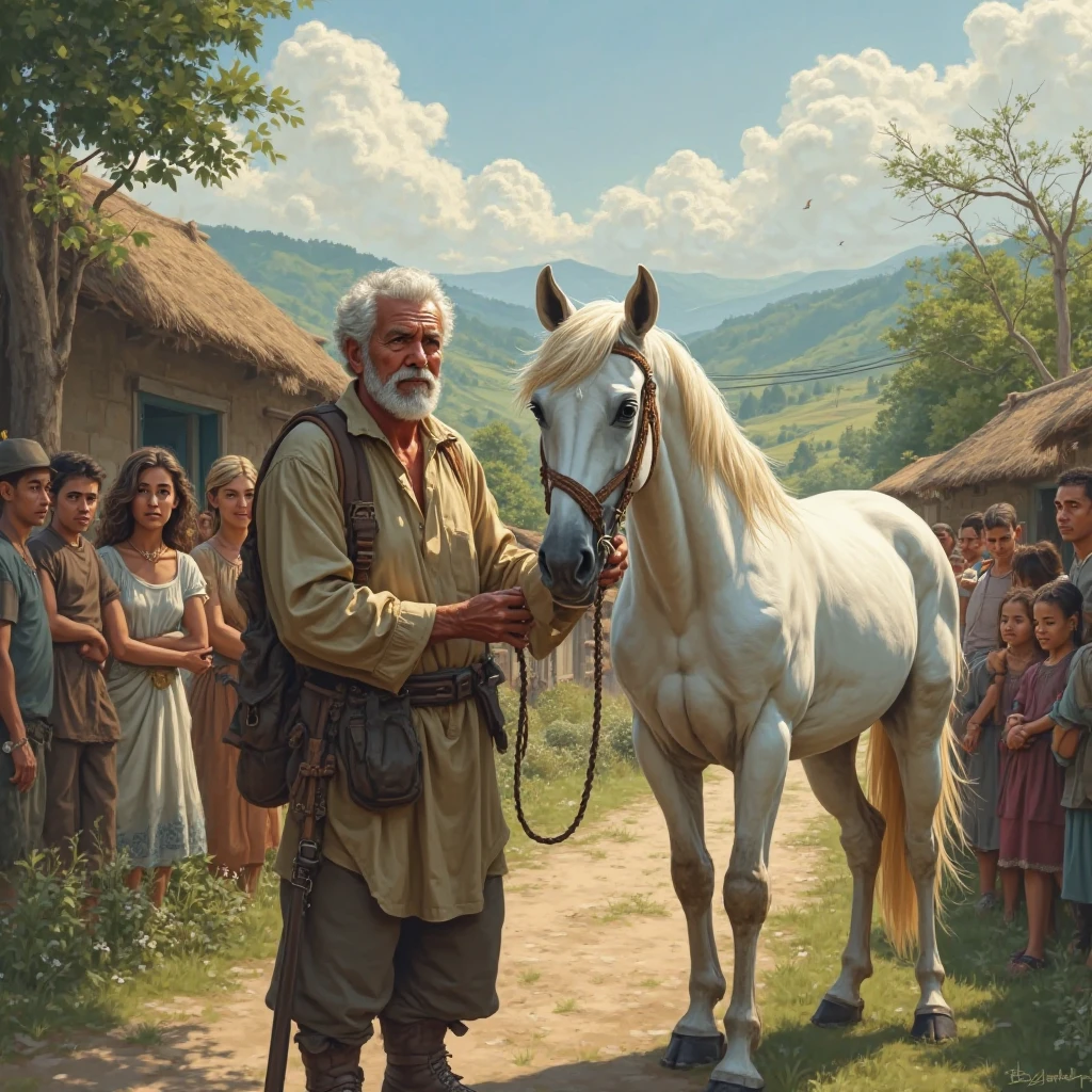 In a village, an old man stands with his white horse, surrounded by a few other villagers.