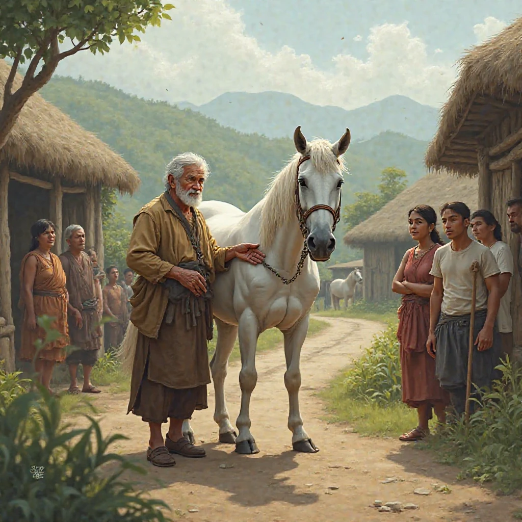 In a village, an old man stands with his white horse, surrounded by a few other villagers.
