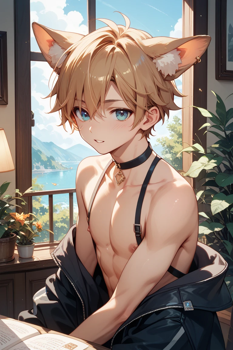 Solo, feminine boy, short messy light brown hair, amber eyes, brown cat ears, brown cat tail, femboy, playful, bedroom, seductive, smug, crotch bulge, male, crossdressing