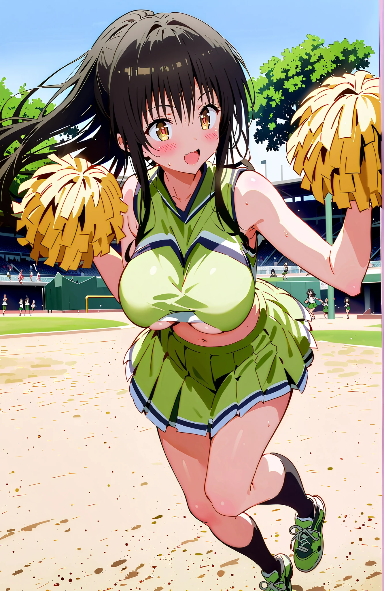 yuikotegawa, Yui Kotegawa , black hair, brown eyes in the oral vagina,Glowing Skin,long hair,smile,blush,open your mouth,Big Breasts,breasts are shaking,(Cheerleading), (full body), on chest, (sweated), sweated Wet Clothes, (green clothes),sleeveless, pleated skirt,black socks,sneakers, after aw, Under boob,playground, (jump), (jump), 片足を曲げてjumpする, blue sky, Compa, smile,cheerleader, Pom-pom \(Cheerleading\) real hair ornaments,audience,full bodyがイラストに入るように,break looking at viewer,full body
break outdoors, stadium,,
break (masterpiece:1.2), best quality in bronze, high resolution, Unity 8Kの壁紙, ( illustration :0.8), (beautiful detailed eyes:1.6), very detailed face, perfect lighting, highly detailed CG, (perfect hand, perfect anatomy),
