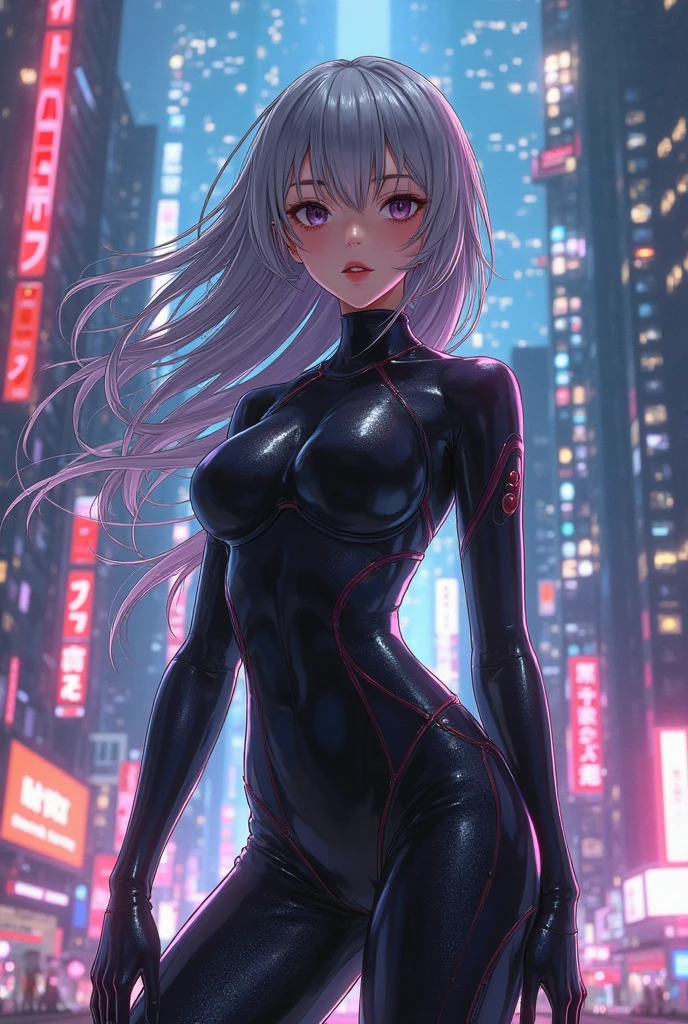 Beautiful anime girl , silver hair , with a black ???????? with neon in a futurist city 4k ultra realistic