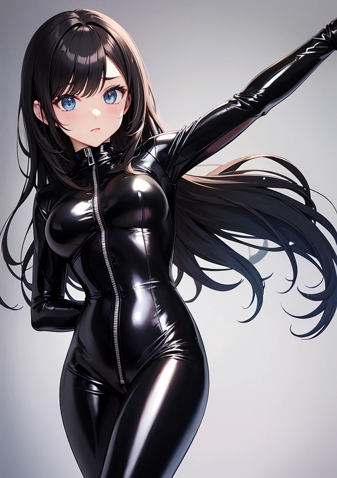 Young woman, long straight brown hair, blue eyes. Light tan skin, tall, skinny. Black Bodysuit, Long black glove, long black boots, White spider symbol on chest