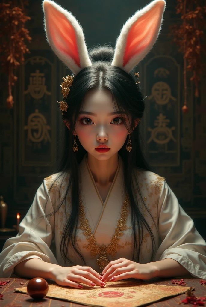 A fortune teller with a beautiful Chinese-style face and rabbit ears growing from her head It feels like it's selling Let me hold the bill