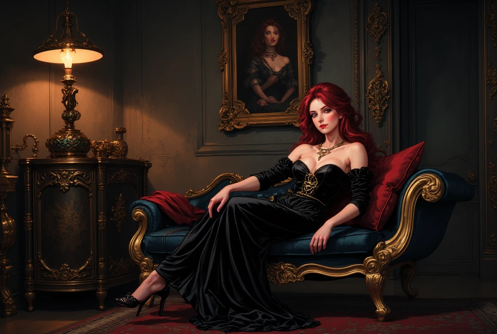 A beautiful and seductive young noblewoman with long flowing red hair, sitting gracefully on a dark Victorian chaise longue. She is wearing a black off-shoulder velvet gown that accentuates her elegant figure. Her posture is relaxed but confident, legs crossed, one arm resting on the back of the sofa. Her crimson eyes gaze directly forward with a mysterious, knowing smile. The lighting is soft and moody, with gothic shadows in the background, hinting at an opulent and arcane interior. Her presence is both mesmerizing and unsettling. Semi-realistic style, high detail, fantasy gothic atmosphere, soft skin, rich textures, dramatic contrast, no text.