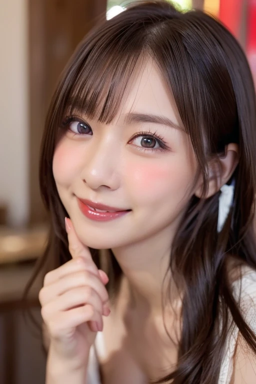 brown hair, hair over shoulder, ponytail, grin, blush, Surrealism, Hyperrealism, Verism, wide shot, UHD, masterpiece, ccurate, anatomically correct, textured skin, super detail, high details, high quality, highres, 1080P, HD, 8k