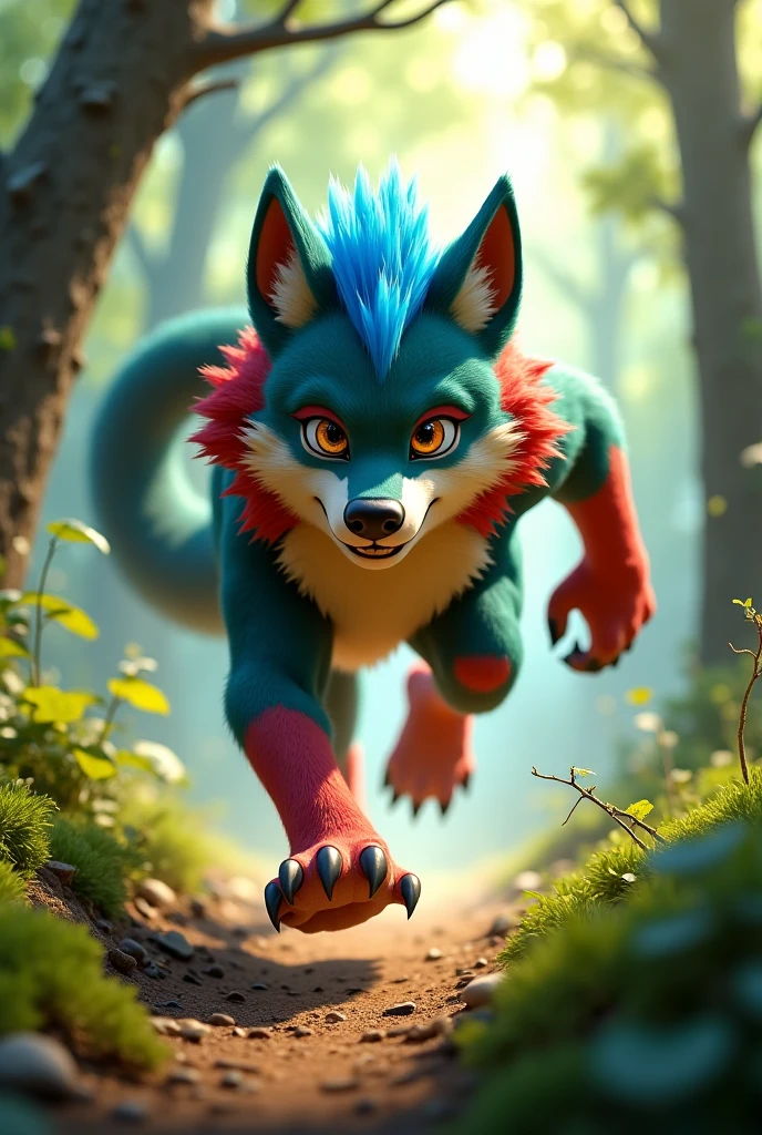 Furry he's running into woods and he is a wolf this blue hair and red and green fur and he's running down the street too to get home
