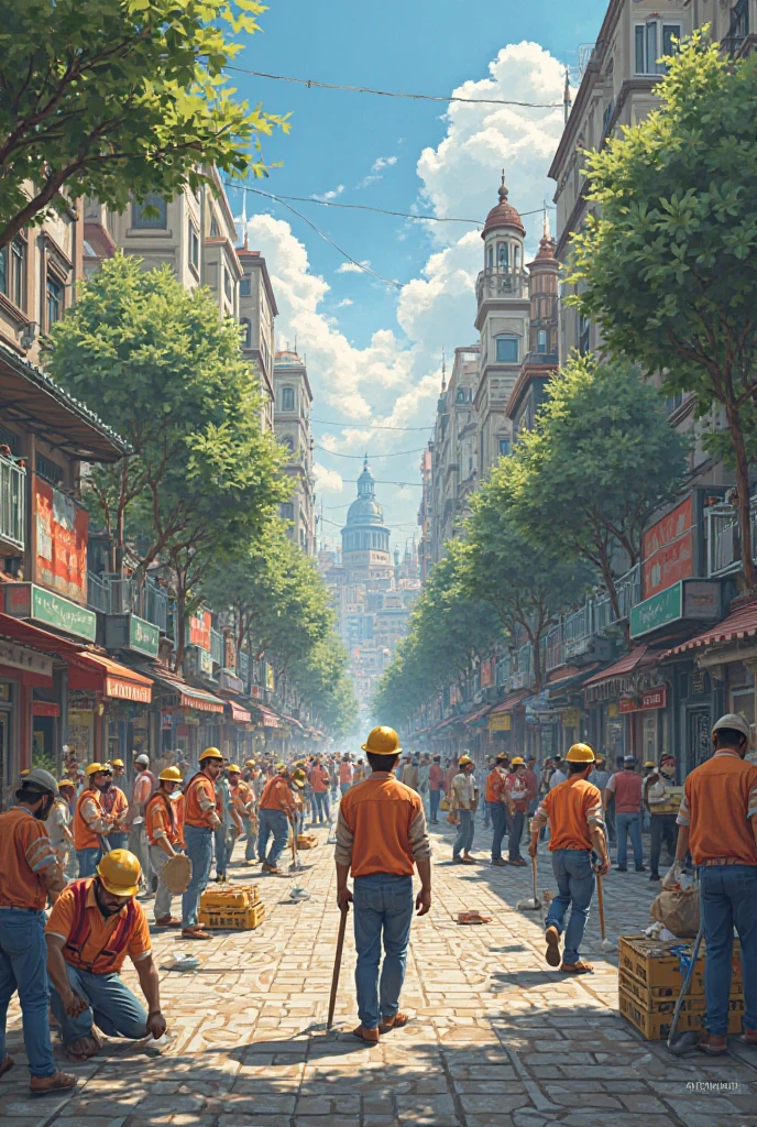 20 workers work on the beautiful streets 