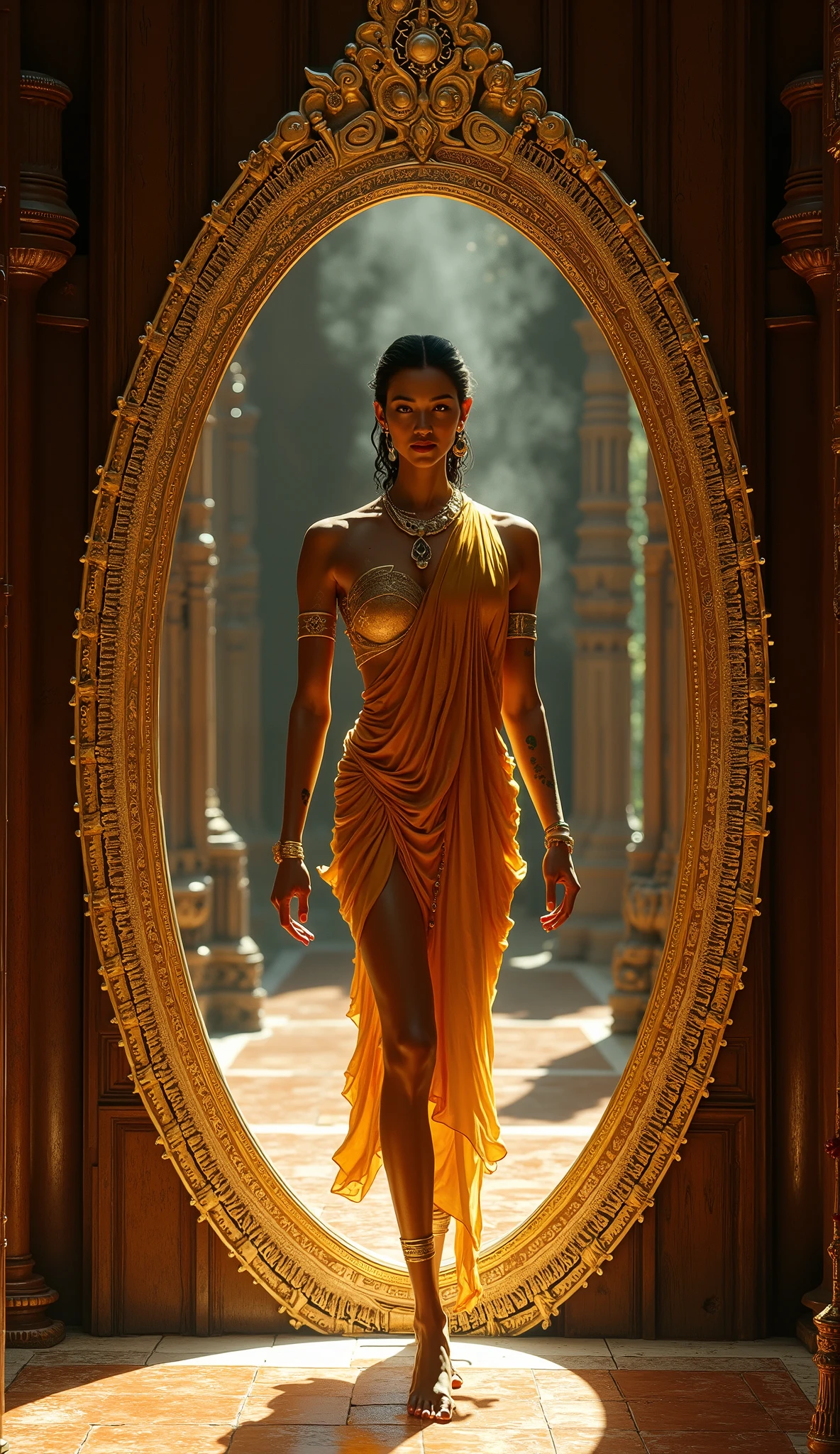 (8K, Ultra realistic, Masterpiece)
A radiant Thai goddess wearing only a flowing golden shawl and sacred tattoos steps through an ancient oval mirror embedded in the wall of a wooden shrine. Her presence is ethereal, divine, and magnetic. The mirror glows softly at its edges, casting a mystical glow across the tiled floor. She exudes a calm confidence as she transitions from the unknown realm to the human world.
The goddess is barefoot, her skin adorned with intricate tattoos of celestial maps and sacred geometry. A unique ancient thong draped in bronze and gold falls as she walks, revealing one leg. Her hair is styled with an ancient hair ornament, and she wears delicate layered jewelry—armbands, necklaces, and anklets of gold and obsidian. Her expression is serene, otherworldly, with deep, knowing eyes.
The background is a sacred wooden chamber with vertical planks and an old tiled floor. The mirror is surrounded by baroque carvings, symbols of forgotten languages, and gold inlays. Fine incense smoke curls in the air, adding depth and mysticism.
A faint sparkle of light shimmers around the edges of the mirror, soft light illuminates her tattoos, and small, ethereal orbs float in the background. The mirror pulses faintly, hinting at the world beyond.
Use a cinematic frontal shot at eye level. Soft focus around the edges to focus attention on the goddess. Ambient lighting from the mirror portal and from below creates a divine glow. Balance the symmetry between the goddess and the oval frame.