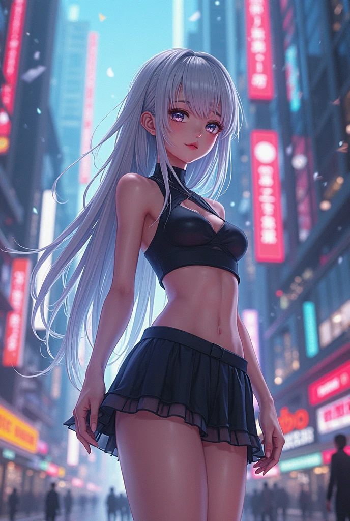 realistic, 1girl, white hair, purple eyes, glowing eyes, (arms up), black sport bra, skirt, parted lips, blush, night, flowers, country