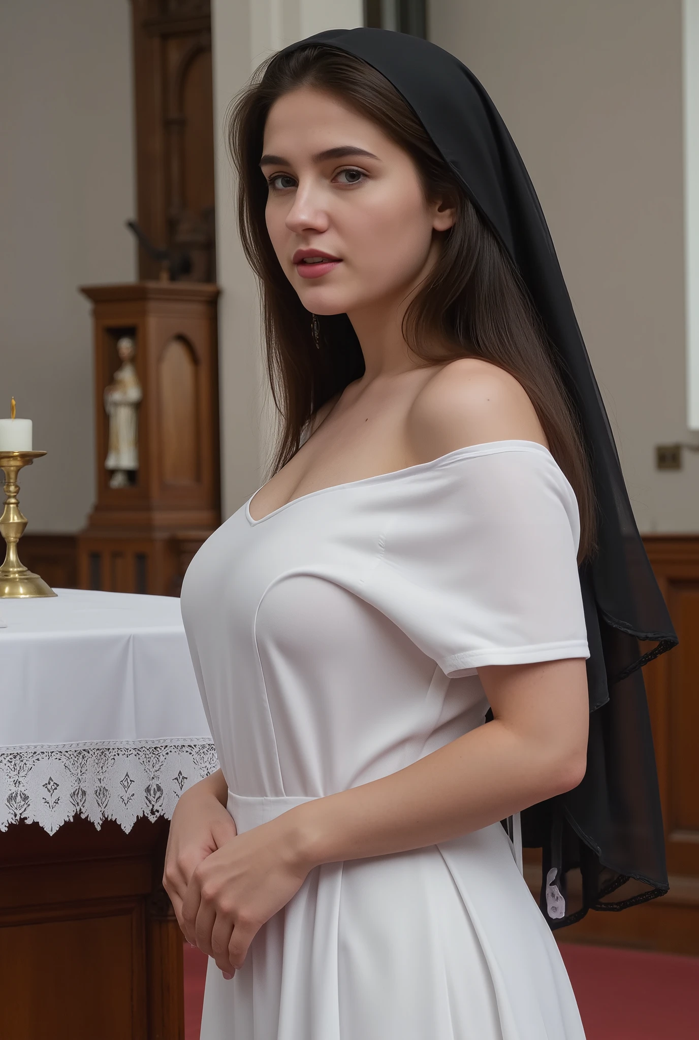 Beautiful nun standing near altar, Nervous, shy, light make up, beautiful eyes, beautiful face, tensed, nervous, Full body pose, Big breast, Natural Look, Model looking, model pose, Full lighted church hall, Sexy off shoulder dress, Cleavage Showing, White Nun Dress, Ultra Natural Image, 8K, Realistic,