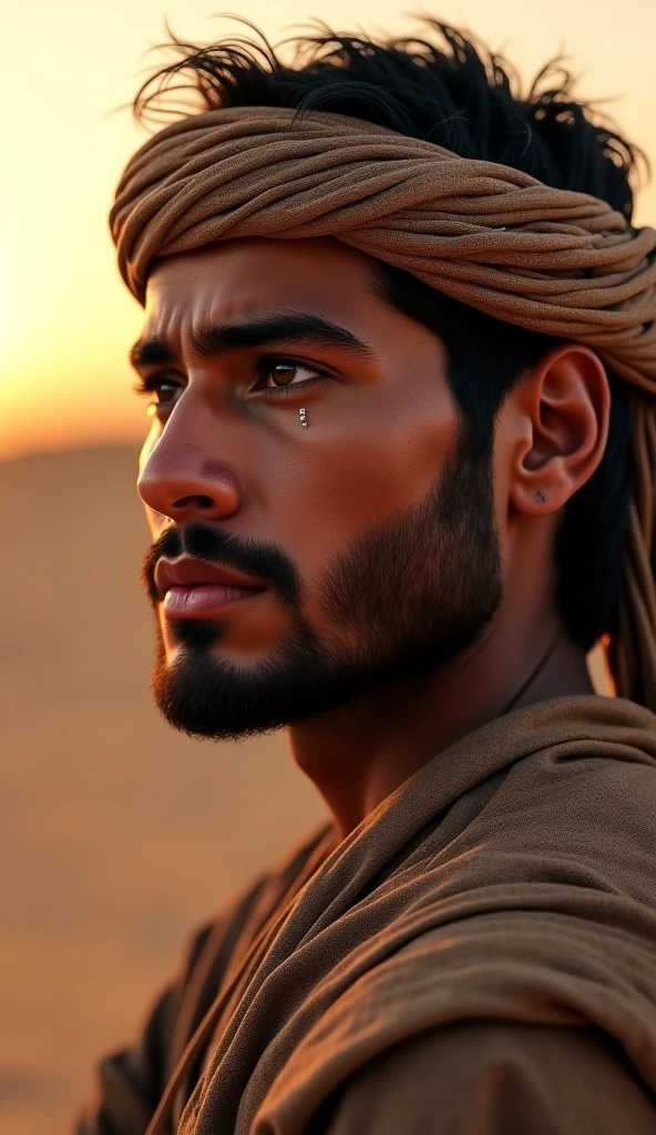 fking_scifi, fking_scifi_v2, portrait of a young, chilsed fitted muscular insanely handsome and attractive Arabic warrior man, in front of an sand desert, short messy hair, hairy body, very sexy and masculine, rich colorful and golden jewelry, close up, regal pose and attitude. Dynamic action poses, fking_cinema_v2.