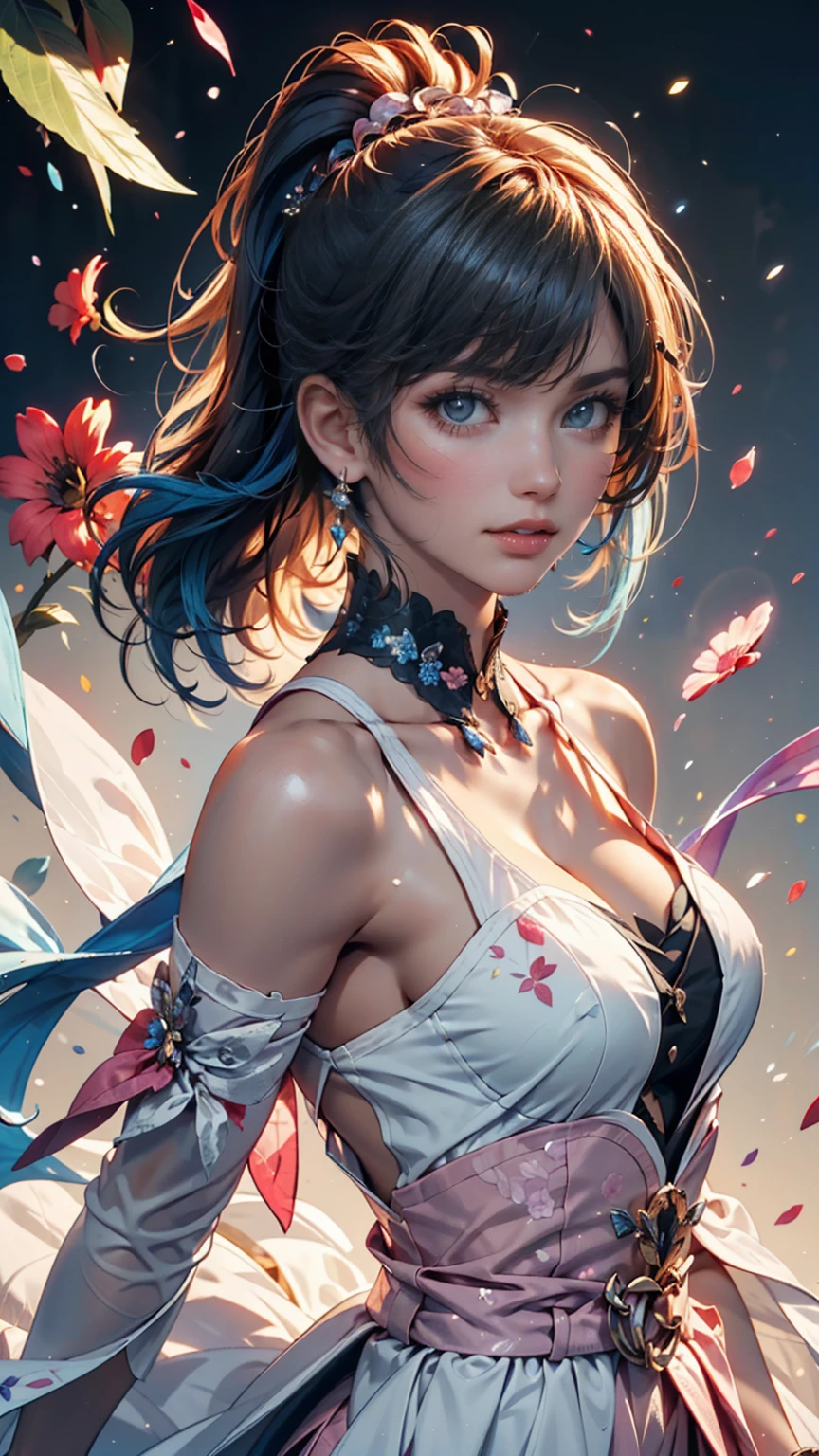 (masterpiece), (top quality), (SUPER DETAILS), (disheveled hair), (illustrations), (one girl), (fashionable clothes), is standing, fashion model with split ends due to pubic hair,  beholder, (interview), (simple background),  beautiful eyes , delicate and beautiful face, floating, ( high chroma), (colorful splatters),  Colorful Bubbles , (Shine), focus on your face, ponytail, light blue hair, bungs, hair ring, floating Flowers, floating Hairs, (Shine), best lighting, Best Shadow、jump