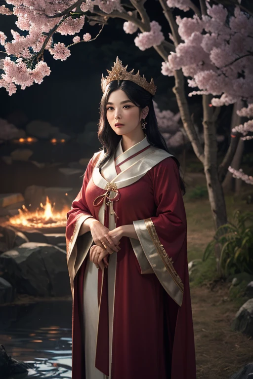 "A divine Korean goddess with sharp, striking facial features, long flowing black hair cascading like a midnight river, adorned with a fiery ruby crown glowing with mystical energy, piercing almond-shaped eyes shimmering with celestial power, glossy crimson lips, wearing an elaborate red robe with golden embroidery that billows like flames, standing in a red cherry blossom garden under moonlight, surrounded by falling petals and soft silver light filtering through the trees, her presence radiating an aura of strength and elegance, ultra-detailed, photorealistic with epic fantasy elements, 8K resolution, serene cinematic lighting"