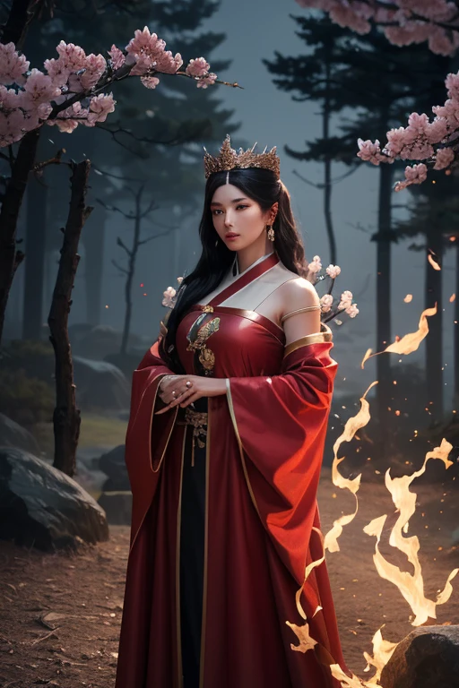 "A divine Korean goddess with sharp, striking  features, long flowing black hair cascading like a midnight river, adorned with a fiery ruby crown glowing with mystical energy, piercing almond-shaped eyes shimmering with celestial power, glossy crimson lips, wearing an elaborate red robe with golden embroidery that billows like flames, standing in a red cherry blossom garden under moonlight, surrounded by falling petals and soft silver light filtering through the trees, her presence radiating an aura of strength and elegance, ultra-detailed, photorealistic with epic fantasy elements, 8K resolution, serene cinematic lighting"