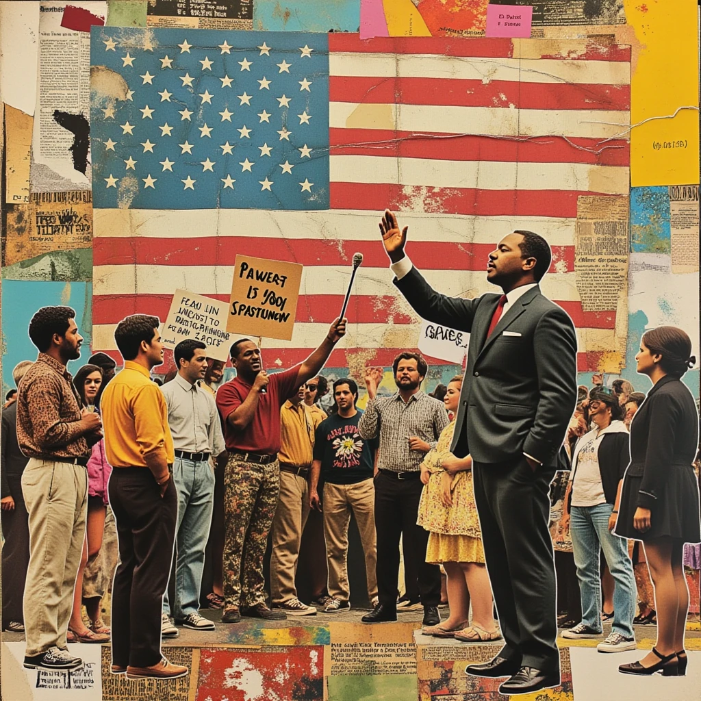 Collage art. Patchwork. Artwork. Abolitionist legislation. Martin Luther King speeches. Demonstrations. Stars and Stripes. Hippies.