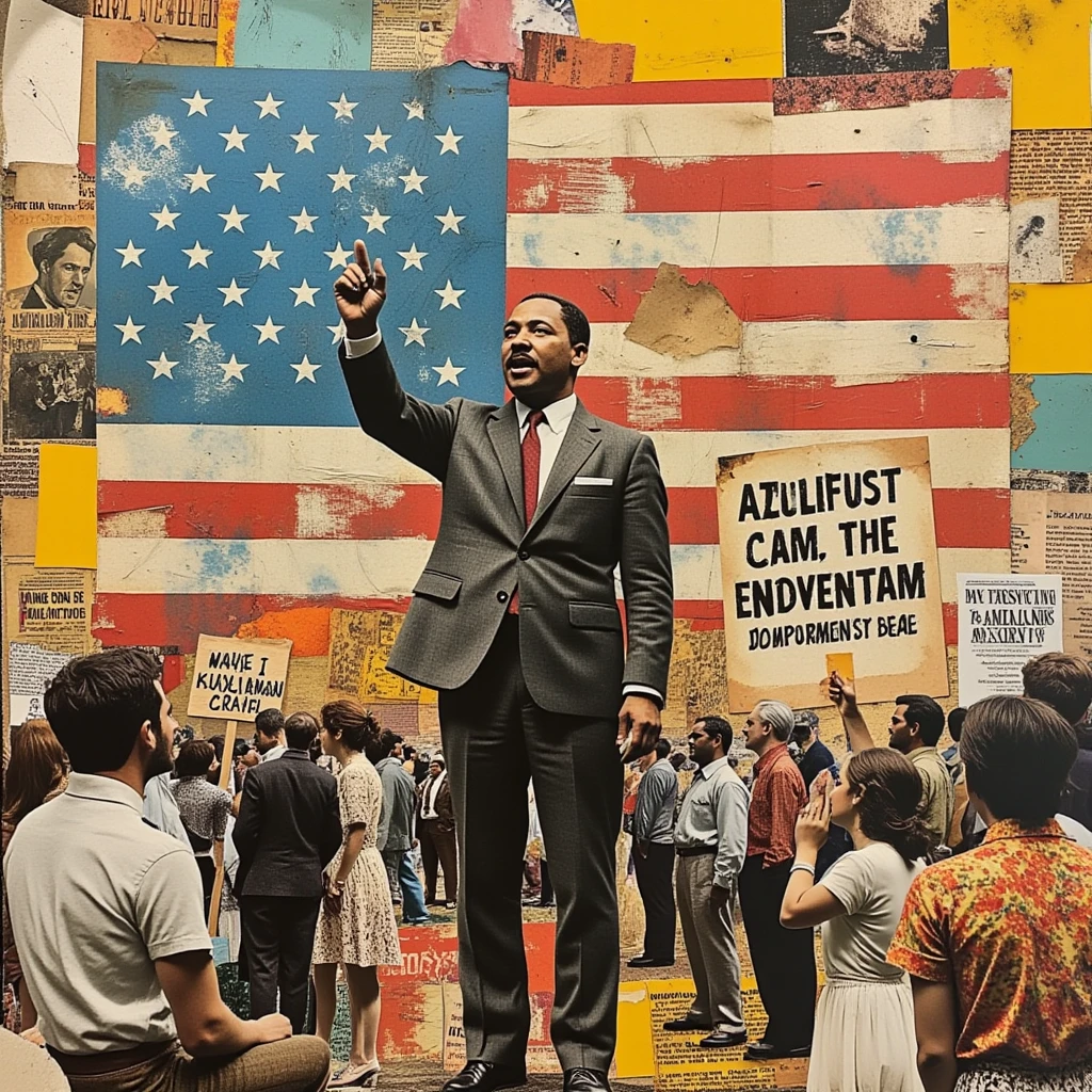 Collage art. Patchwork. Artwork. Abolitionist legislation. Martin Luther King speeches. Demonstrations. Stars and Stripes. Hippies.