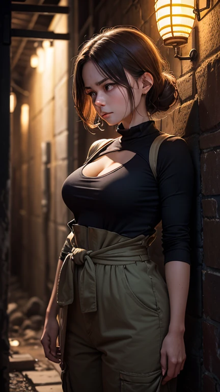 A busty young woman stands deep in the mine, her posture defiant despite her exhaustion. Her jumpsuit is undone at the top, wrapped around her waist, leaving only a tight tank to shield her upper body. Her expression is grim, lit from one side by an old miner窶冱 lantern.