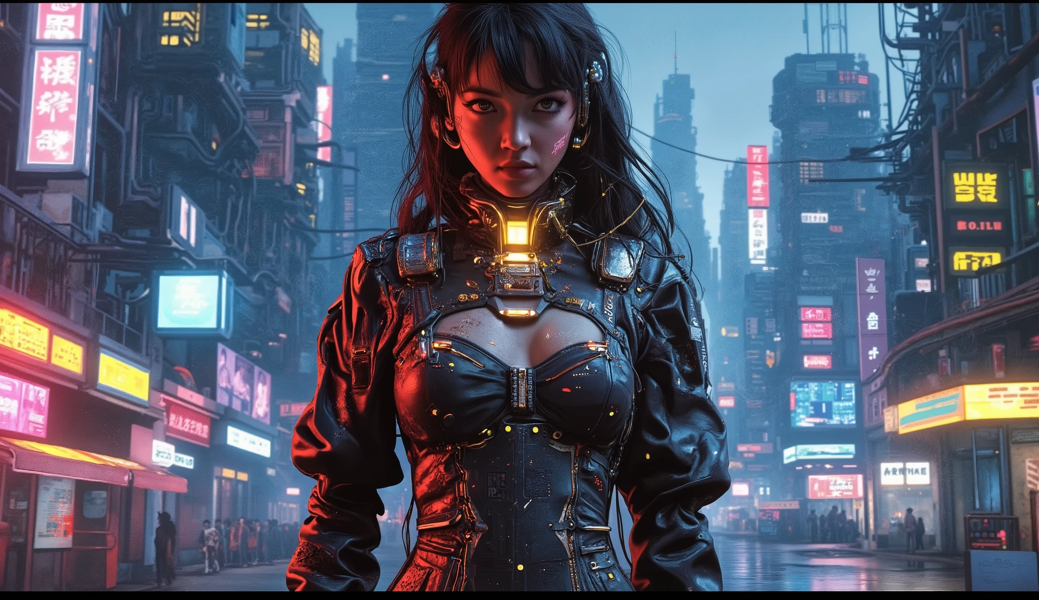 overview, The girl can be seen completely, Cyberpunk anime style , Motoko Kusanagui , beautiful face, perfect features , grease-stained engineer with an hourglass figure (wide hips, narrow waist) sprouting from a corseted leather flight suit, neckline accented by shiny reactor tubes on his chest. He is halfway inside the cabin of a 30-foot, is standing in front of the spectator, In the background a cyberpunk city, Neo Tokyo in the Ghost in the Sell style