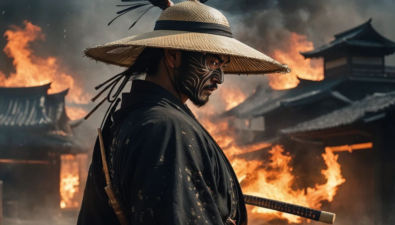 8k,masterpiece,best quality,when no one is around,cool side shot of a male samurai wearing a stylish and cool straw hat, with one eye covered by the straw hat , stands alone, facing the viewer, hand on his sheathed katana. Behind him, burning japanese houses. There is no one around. Face focus, profile pic