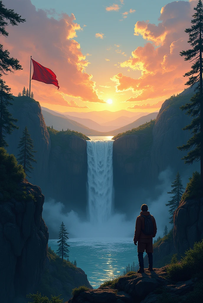A realistic digital painting showing a man on the top of the hill along with a flag. The background features a realistic sky transitioning from deep  to warm  and soft gold. hills should some green vibes, a big waterfall cascades into a calm lake, and the landscape is framed with minimal greenery and no prominent foreground trees, right and left side from frame should use tresses . The scene conveys peaceful adventure and natural beauty under a colorful dark sky.