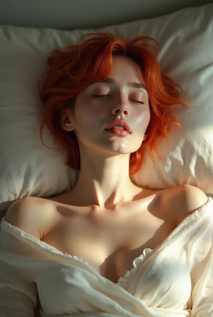 a woman lying on a bed with free flowing red hair, eyes closed, moaning in pain, open mouth, detailed facial features and expression, red hair, ultra high definition, tight neckline, light blue clothes, hands on head, close up view, sweating, blushing, green eyes, exposed neck, very expressive face, sweaty, armpit details, greasy shoulder, viewed from below, flipped hair, armpit focus, bare shoulder, upper body, five fingers, backlighting, stretching body, hand on chest, detailed and elastic armpit, lace bandeau, soaking wet, shorthair, focused on armpits, screaming in pain, hands behind pillow