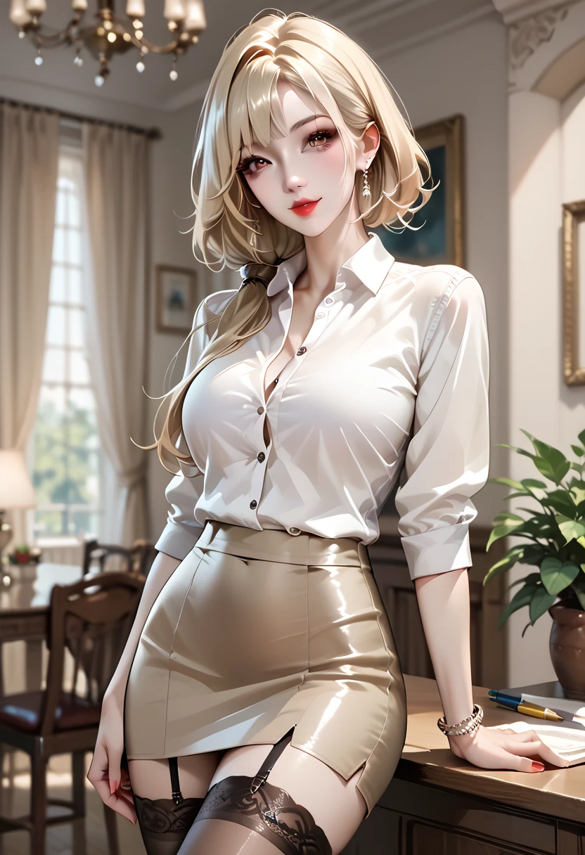 (masutepiece, Best Quality:1.2), Cowboy Shot, Solo, 1girl in, Valentine's Day in May, embarassed expression、 Looking at Viewer, ((White blouses)), ((pantyhose))、(Shower room)、(whole body Dripping wet)、((pencil skirts))、(Underwear is see-through)、(Black underwear)、Kneeling