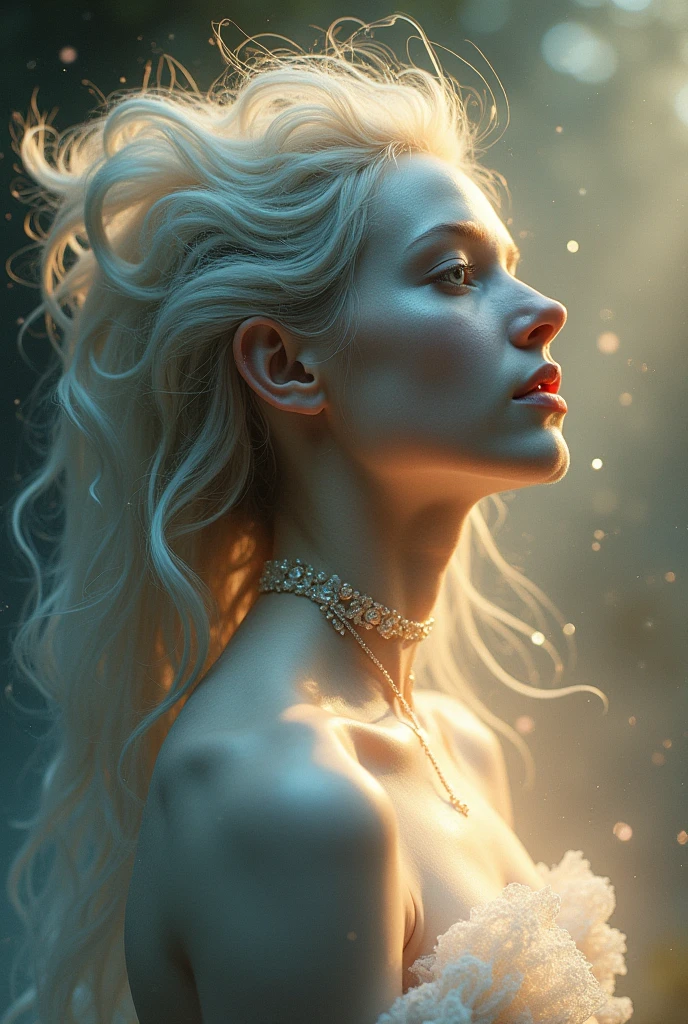 In the ethereal light, a goddess Venus. She appears as a celestial being, with pearly white skin and wisps of stardust falling around her. The image is skillfully crafted to capture all the complexities of her supernatural presence. The colors are vibrant and vibrant, adding to the mystical aura that surrounds her. This high quality image is a testament to the artist’s skill in creating a truly enchanting and captivating portrait of a mythical goddess from Venus.
