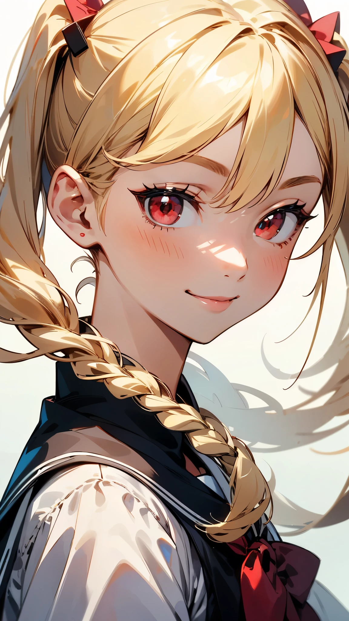 one girl、solo、high school girl、smile、upper body close-up、Blonde Hair、Braids Twin Tails、beautiful red eyes、from the side