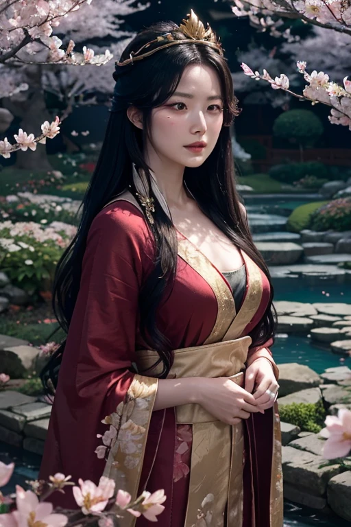 "A divine Korean goddess with sharp, striking  features, long flowing black hair cascading like a midnight river, adorned with a fiery ruby crown glowing with mystical energy, piercing almond-shaped eyes shimmering with celestial power, glossy crimson lips, wearing an elaborate red robe with golden embroidery that billows like flames, standing in a red cherry blossom garden under moonlight, surrounded by falling petals and soft silver light filtering through the trees, her presence radiating an aura of strength and elegance, ultra-detailed, photorealistic with epic fantasy elements, 8K resolution, serene cinematic lighting"