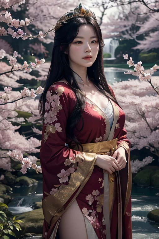 "A divine Korean goddess with sharp, striking facial features, long flowing black hair cascading like a midnight river, adorned with a fiery ruby crown glowing with mystical energy, piercing almond-shaped eyes shimmering with celestial power, glossy crimson lips, wearing an elaborate red robe with golden embroidery that billows like flames, standing in a red cherry blossom garden under moonlight, surrounded by falling petals and soft silver light filtering through the trees, her presence radiating an aura of strength and elegance, ultra-detailed, photorealistic with epic fantasy elements, 8K resolution, serene cinematic lighting"