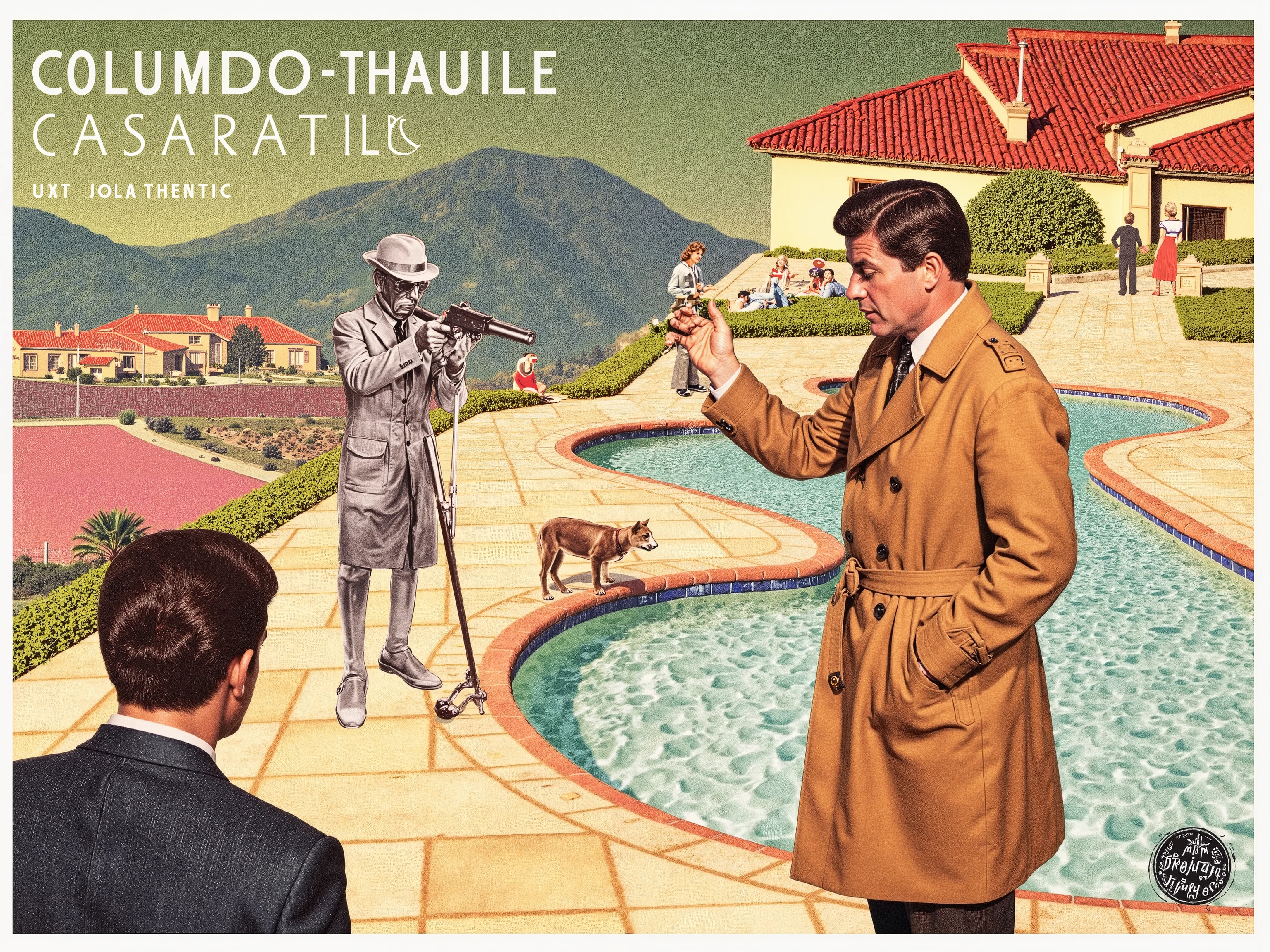 columbo at consultation of witness in villa, columbo wearing light brown trenchcoat, Collage, Retro, vintage, surreal, analoge Texturen, zerrissen, Farben 1960er,  Pop-Art-Einfluss, Klebe- und Klebeeffekte, kulturelle Ikonographie, zufällige Objekte, handgezeichnete Kritzeleien und Pfeile, alte Diagramme, surreale Juxtaposition, Papierschnitt-Schatten, Fotomontage-Energie, rebellischer Ton, beste Qualität, ultra-detailliert, 8k-Auflösung