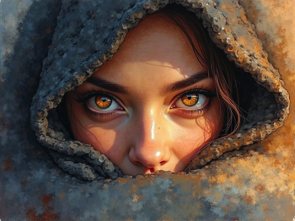 Impressionistic Watercolors painting, A close-up portrait of an eyes of  mysterious woman with expressive golden-brown eyes, partially covered by a dark, textured blanket laying on pillow. The blanket wraps around her head and lower face from nose to neck, revealing only her eyes and part of her glowing eyes. Her eyes are striking, detailed, and reflective, framed by long lashes and delicately arched eyebrows. The background is a painterly mix of warm and cool brushstrokes in shades of orange, brown, and blue, giving the image a rich, oil painting texture. Cinematic lighting, deep shadows, and dramatic color contrast emphasize the depth and emotion in her gaze., Heavy chiaroscuro. Golden light reflecting,  Vibrant colour palette with earthy tones. Thick brushstrokes. Masterpiece. High detail. Realistic. Atmospheric, Impressionism, Depth Of Field, glaring eyes, sweet smile,