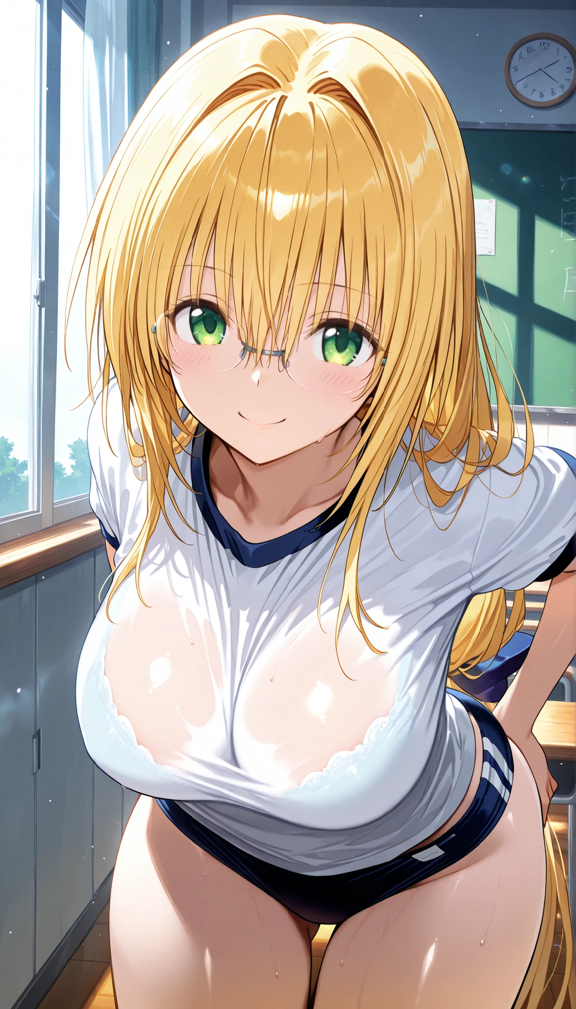 masterpiece, score_9, score_8_up, score_7_up, anime, pinup, greatest masterpiece, full twinkle, perfect face, best quality in bronze, high resolution, 1 girl, Tearju,blonde hair,green eyes,low-tied long hair,blue hair bow, t_glasses,rimless glasses, light skin, smile, arms behind ass, leaning forward, classroom, school gym uniform, buruma, shiny skin, shiny cloth, front view