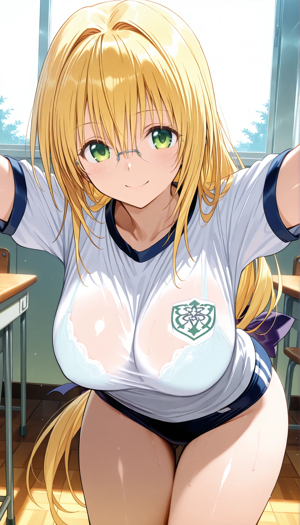masterpiece, score_9, score_8_up, score_7_up, anime, pinup, greatest masterpiece, full twinkle, perfect face, best quality in bronze, high resolution, 1 girl, Tearju,blonde hair,green eyes,low-tied long hair,blue hair bow, t_glasses,rimless glasses, light skin, smile, arms behind ass, leaning forward, classroom, school gym uniform, buruma, shiny skin, shiny cloth, front view