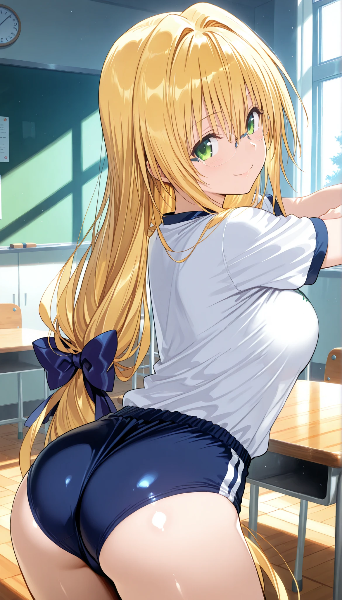 masterpiece, score_9, score_8_up, score_7_up, anime, pinup, greatest masterpiece, full twinkle, perfect face, best quality in bronze, high resolution, 1 girl, Tearju,blonde hair,green eyes,low-tied long hair,blue hair bow, t_glasses,rimless glasses, light skin, smile, arms behind ass, leaning forward, classroom, school gym uniform, buruma, shiny skin, shiny cloth, front view