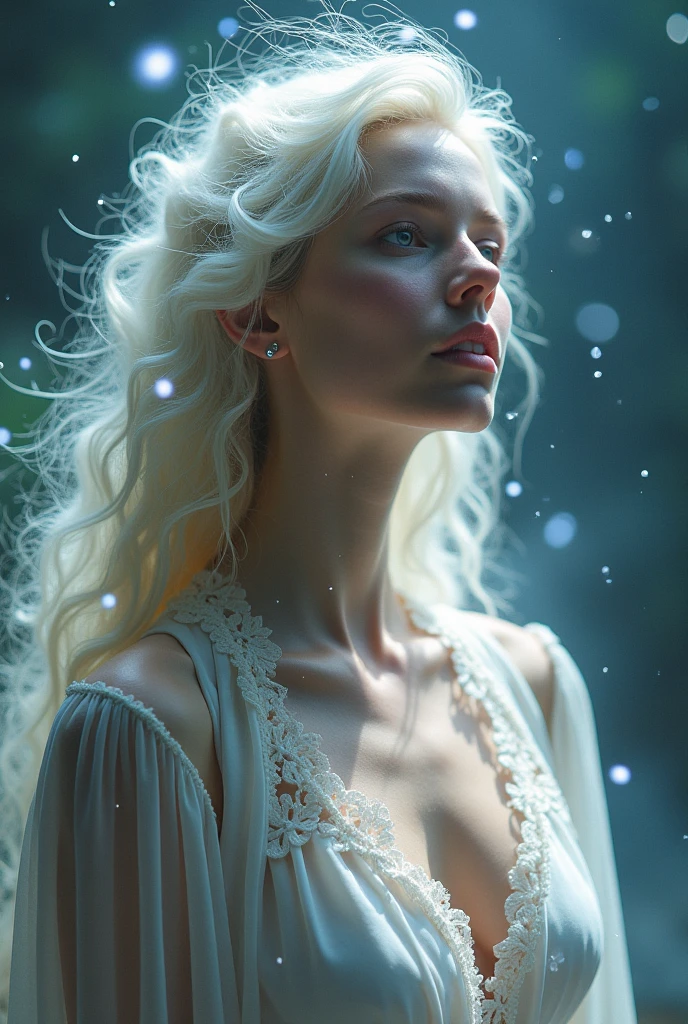 In the ethereal light, a goddess Venus. She appears as a celestial being, with pearly white skin and wisps of stardust falling around her. The image is skillfully crafted to capture all the complexities of her supernatural presence. The colors are vibrant and vibrant, adding to the mystical aura that surrounds her. This high quality image is a testament to the artist’s skill in creating a truly enchanting and captivating portrait of a mythical goddess from Venus. Full body