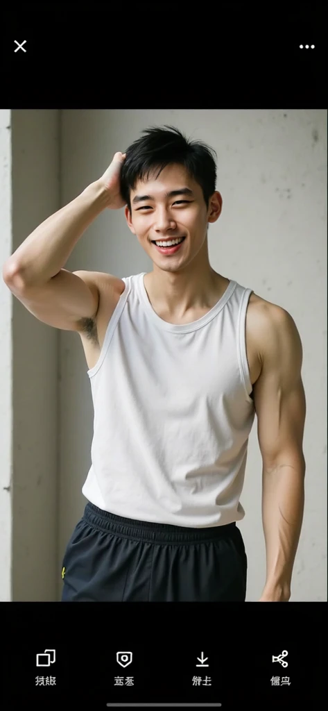 A handsome men ,20 age , Short Hair Hair, korea , Student，(((Wear an male underweae without shirt......))), smile , front-view ,Pectoral muscles, Wide shoulders ,athlete , Upper body (1),  It's raining: 1.3, On the edge of high-rise buildings: 1.2, body dripping wet: 1.1, shirtless