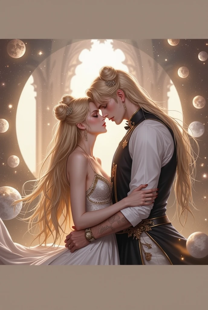  The elegant and irresistible goddess of the Moon , an incredibly beautiful fatal blonde with two buns on top of her head and two very long tails of golden hair, going down to the heels,  stands against the flickering stardust , her irresistibility is shrouded in the shimmering glow of heavenly light. Her long flowing shimmering white and gold dress envelops her, like liquid sunlight, thousands of galaxies sparkle in her blue eyes.  This charming image , illustration captured in a carefully crafted oil painting, radiates an aura of sophistication and charm. Every brush stroke is a testament to the artist's skill, создающей masterpiece,  that really takes your breath away . masterpiece, Perfect image, detail,  full size image , 8 k, detail изображения. extremely detailed, настоящий masterpiece rag, with careful drawing. masterpiece. detail лица, detailed face. detail лица.  drawn in detail . realistic. masterpiece. masterpiece, perfect pattern, Realistic drawing,  full-length drawing , elaborate research, 8-bit full-length image, Realistic image, elaborate image. extremely detailed illustration, настоящий masterpiece, rag, with careful drawing. information