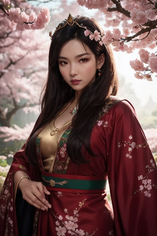 "A divine Korean goddess with sharp, striking facial features, long flowing black hair cascading like a midnight river, adorned with a fiery ruby crown glowing with mystical energy, piercing almond-shaped eyes shimmering with celestial power, glossy crimson lips, wearing an elaborate red robe with golden embroidery that billows like flames, standing in a red cherry blossom garden under moonlight, surrounded by falling petals and soft silver light filtering through the trees, her presence radiating an aura of strength and elegance, ultra-detailed, photorealistic with epic fantasy elements, 8K resolution, serene cinematic lighting"