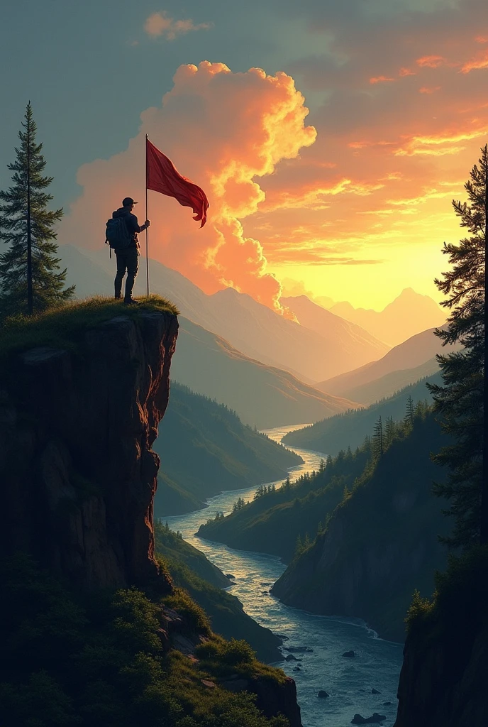 A realistic digital painting showing a man on the top of the hill along with a flag. The background features a realistic sky transitioning from deep  to warm  and soft gold. hills should some green vibes and a small river goes up, the landscape is framed with minimal greenery , right and left side from frame should use tresses . The scene conveys peaceful adventure and natural beauty under a colorful dark sky.