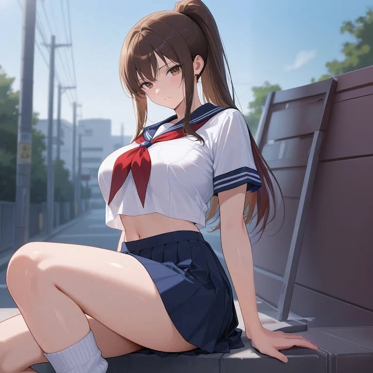 (((masterpiece, highest quality, High resolution, 超High resolution, Perfect Pixel, Depth of written boundary, 4K, RTTX 10.0))), Beautiful Anime Woman, Beautiful art style, Anime characters, ((Smooth texture, Realistic texture, Anime CG Style)), Exact finger count、Exact number of legs、(Exact number of arms:1.0, Exact number of hands:1.0), (Perfect hands, Perfect Anatomy.1.5), Cinematic, Realistic, Extremely detailed CG, Daytime lighting, Perfect lighting, Best Shadow, The best natural light, whole body, Perfectly balanced style, A perfectly balanced body, Slender body, whole body, ((bangs, Dark brown hair, Stylish and cute ponytail)), (A cute woman in a sailor uniform is standing with her hands in her panties:1.7), ((hand in panties, Put your hands in your panties, fingering:1.8)), (White shirt, Sailor collar, Pleated mini skirt:1.3), (Sexy and cute magenta underwear, Stylish shiny magenta satin panties, Side-tie lace panties:1.3), (beautiful and very large breasts:1.1), (Embarrassed expression), (blush:1.1), (sexual pleasure expression:1.5), (The expression of someone who is holding in the toilet:1.3)、Look up, Close ~ eyes, Mouth half open, On the brink of climax), (At the amusement park, Ferris wheel and roller coaster in the background, Lots of people in the background:1.3), (pussy juice:1.2), The skirt is flipped up