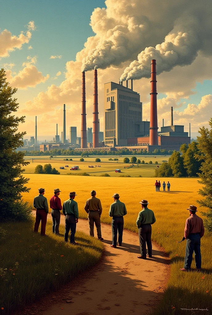 background: In the background, you can see a typical Belarusian landscape with fields and forests, that symbolize agriculture, an important part of the BSSR economy. On the horizon are silhouettes of plants and factories, that represent industrialization.

Central elements:

Factories and factories: The picture focuses on modern factories, with smoking pipes and workers, who are actively working. This symbolizes the desire for industrialization and industrial development.
agriculture:  on one side , can depict collective farmers, working in the fields, with tractors and other equipment, , which emphasizes the mechanization of agriculture.
cities: B on the right side of the picture are new high-rise buildings, built as part of the housing construction program, with people, walking along the streets. x} This symbolizes the improvement of living conditions and urban modernization.
Characters:

Рабочие и farmers: In the foreground is a group of people of different professions: workers, Engineers, farmers, Young professionals, discussing new technologies and achievements. This emphasizes the spirit of collectivism and friendship between peoples.
ren: ren, Playing outside, symbolize hope for the future and the improvement of life in the country.
The colors and mood of:

bright, rich colors, symbolizing optimism and hope for a better future. sunshine, creating an atmosphere of progress and dynamics.
 The general idea of :
The painting should convey the zeitgeist, when the BSSR sought to modernize and improve its lives citizens, combining industrialization with agriculture and social policy. This is a time of hope, changes and striving for progress.