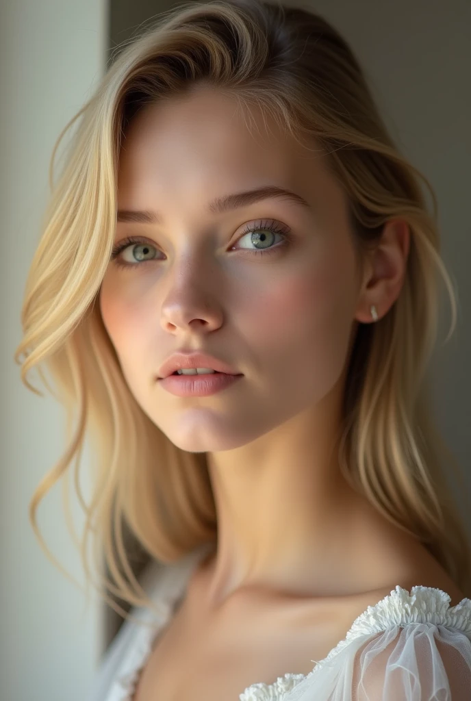 25 year old, Eureopean, oval face shape, beautiful, medium lips, gorgeous, blond, visage déagé